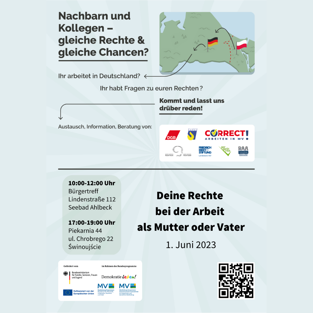 Digitaler Flyer für die Veranstaltung "Deine Rechte bei der Arbeit als Mutter oder Vater" am 1.06.2023